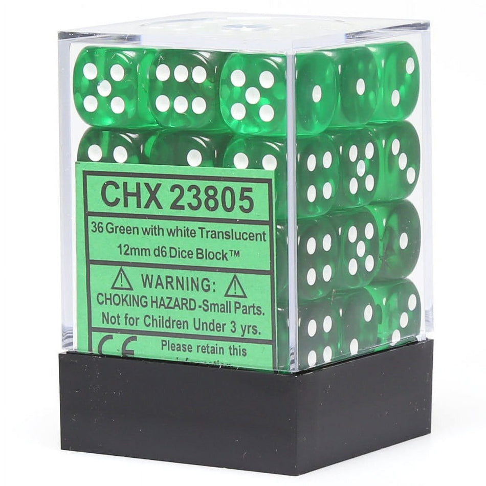 Chessex 12mm Translucent Green and White Plastic Polyhedral Dice Set includes 36 Dice