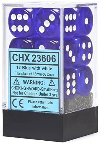 Chessex 16mm Translucent Blue and White Plastic Polyhedral Dice Set Includes 12 Dice