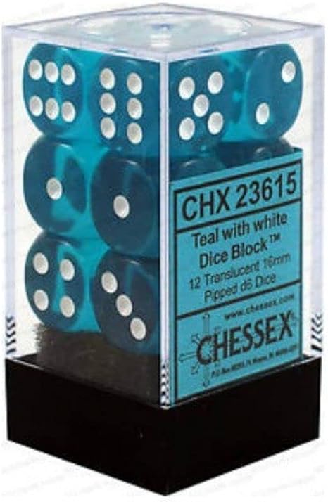 Chessex 16mm Translucent Teal and White Plastic Polyhedral Dice Set Includes 16mm