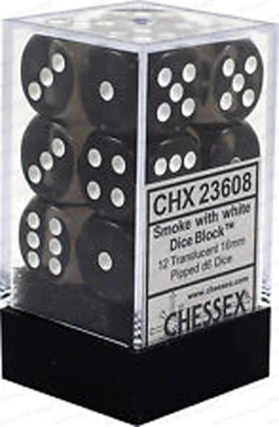 Chessex 16mm Dice d6: Translucent Smoke/White Dice Block - Set of 12