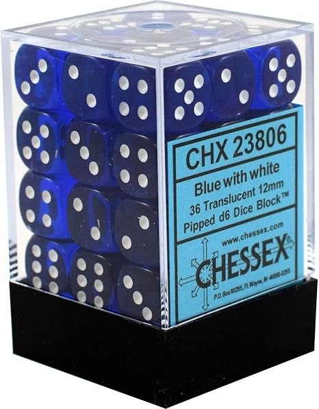 Chessex 12mm Translucent Blue and White Polyhedral Dice Set Includes 36 Dice