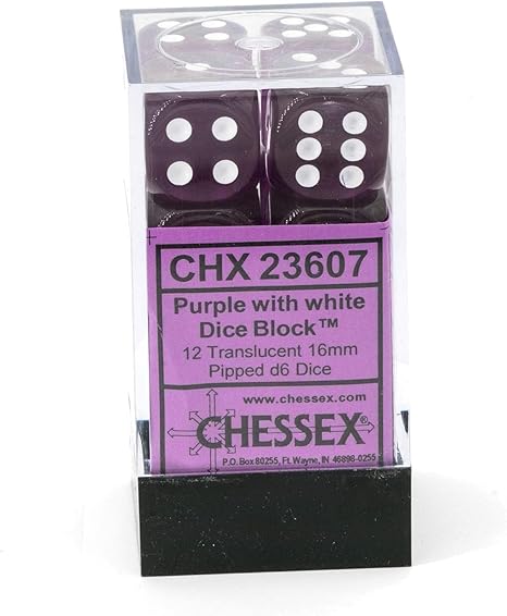 Chessex 16mm Translucent Purple and White Plastic Polyhedral Dice Set Includes 12 Dice