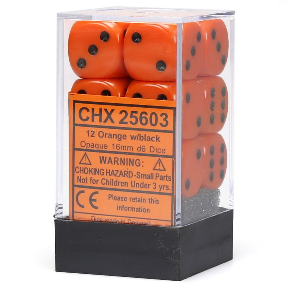 Chessex 16mm Opaque Orange and Black Plastic Polyhedral Dice Set Dice Includes 12 Dice