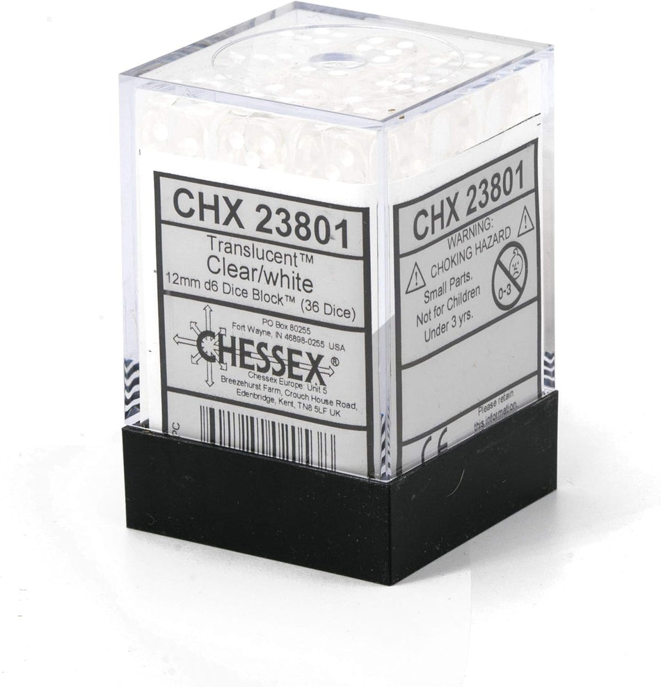 Chessex Dice-12mm Translucent Clear and White Plastic Polyhedral Dice Set 36 Dice