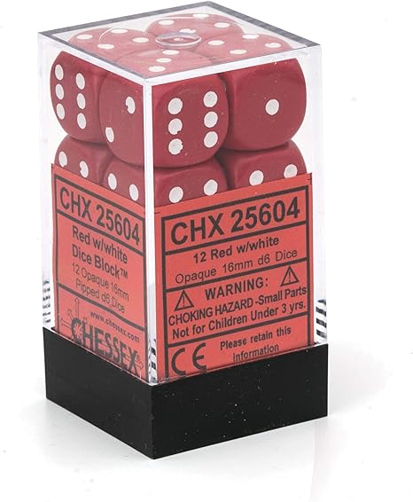 Chessex 16mm Opaque Red and White Plastic Polyhedral Dice Set Includes 12 Dice