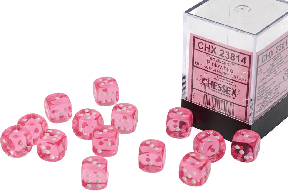 Chessex Pink Translucent D6 Dice with White Pips 12mm (1/2in) Pack of 36