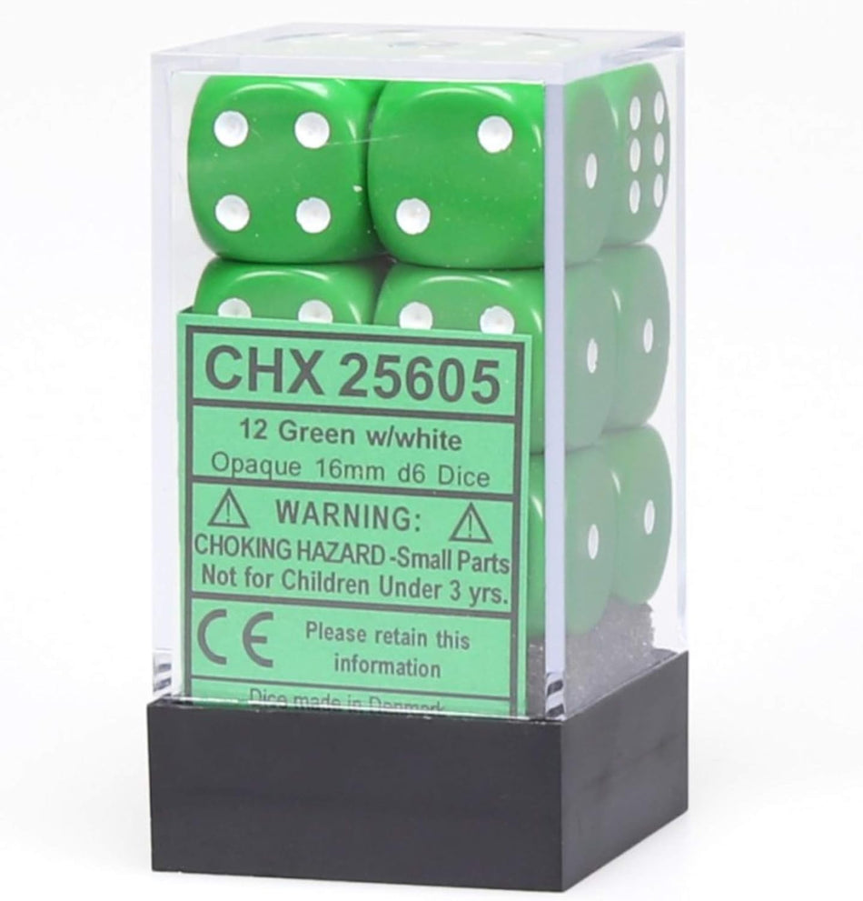Chessex 16mm Opaque Green and White Plastic Polyhedral Dice Set Includes 12 Dice