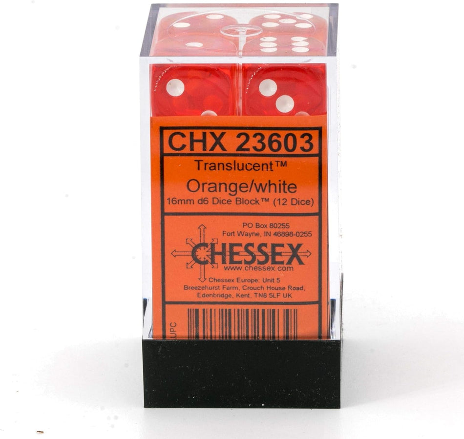 Chessex 16mm  Translucent Orange/White Dice Block - Set of 12