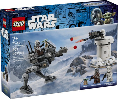 LEGO Star Wars AT-AT Attack set 75444 with two models and minifigures including grogu and mandalorian.