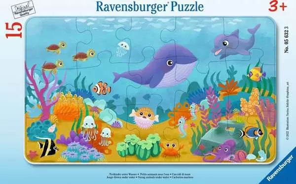 Children's puzzle with ocean-themed design featuring animals and plants, branded as Ravensburger.