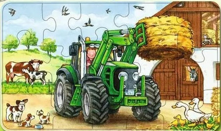 Children's puzzle with a green tractor carrying hay, barn, and animals on a farm ravensburger