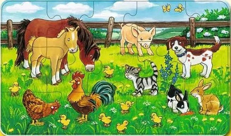 Children's ravensburger puzzle with farm animals on a grassy field background