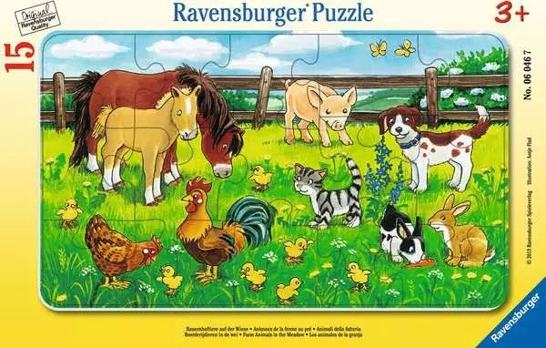 Ravensburger 15-piece children's jigsaw puzzle with farm animals in a meadow.