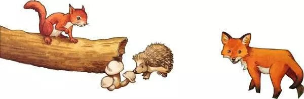 Illustration of a squirrel on a log, hedgehog, and fox on a white background