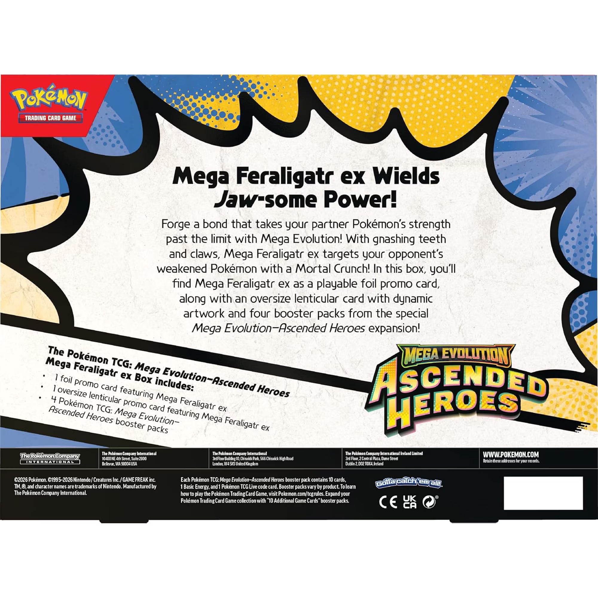 Pokémon trading card game packaging for Mega Feraligatr ex with promotional text and branding.