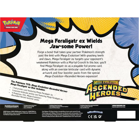 Pokémon trading card game packaging for Mega Feraligatr ex with promotional text and branding.