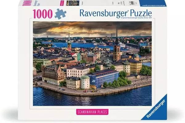 Ravensburger 1000-piece jigsaw puzzle box with a scenic Scandinavian cityscape and waterway.