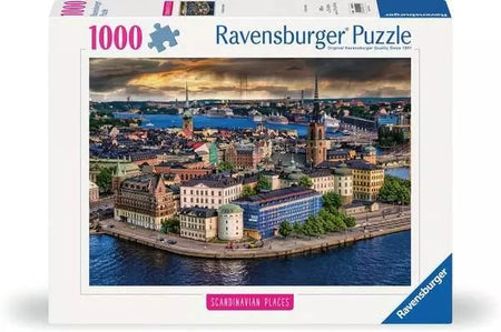 Ravensburger 1000-piece jigsaw puzzle box with a scenic Scandinavian cityscape and waterway.