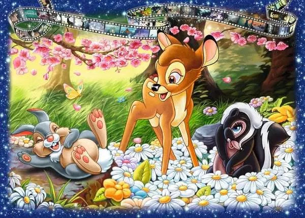 ravensburger jigsaw puzzle image of bambi Animated deer character with two rabbits in a garden setting, surrounded by flowers and film reels.