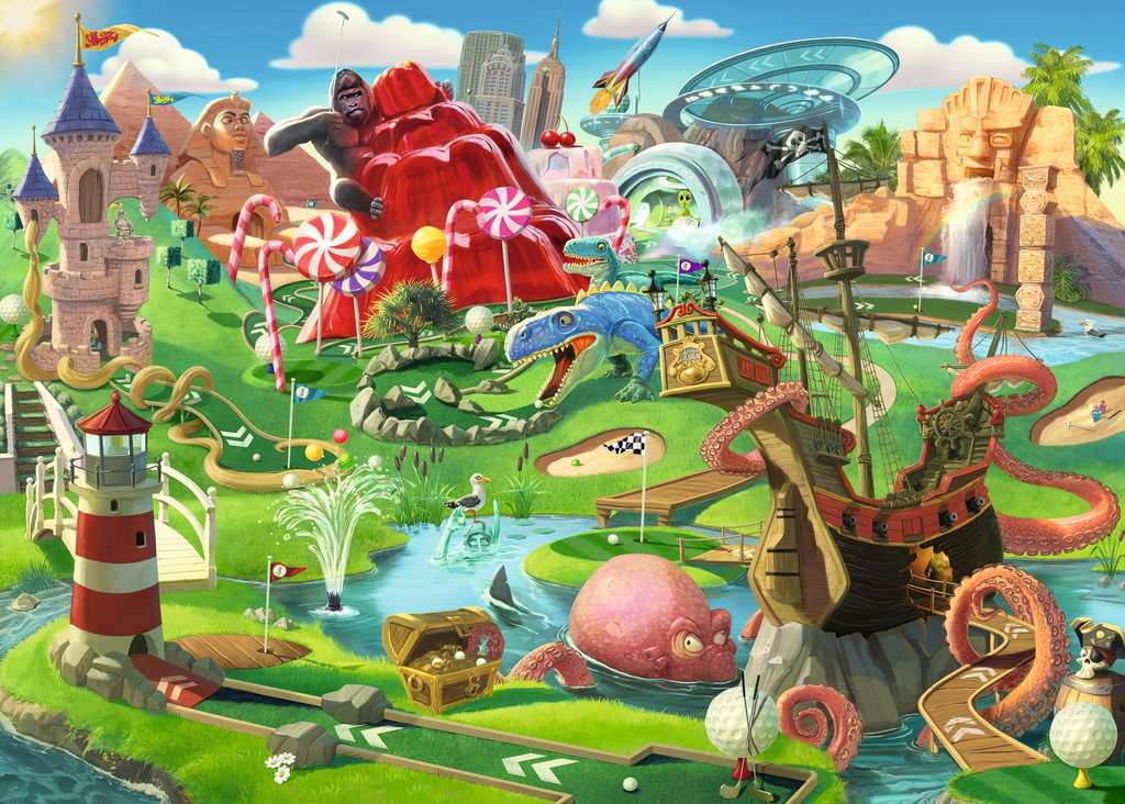 Colorful mini golf course with various obstacles and themed decorations for the sports and leisure jigsaw puzzle collection page