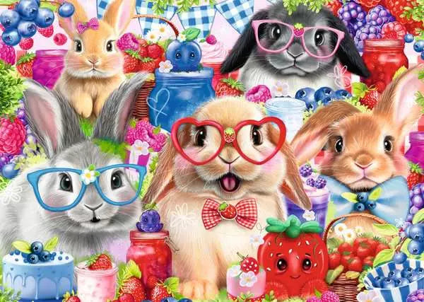 A colorful ravensburger puzzle image featuring cartoon-style bunnies in various poses with glasses and bow ties, surrounded by berries, fruit, and floral elements on a vibrant background.