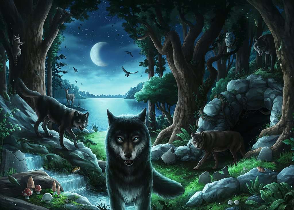 ravensburger puzzle box cover featuring a dark forest scene with wolves and a full moon.