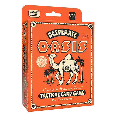 Desperate Oasis tactical card game box from usaopoly with a camel illustration on an orange background