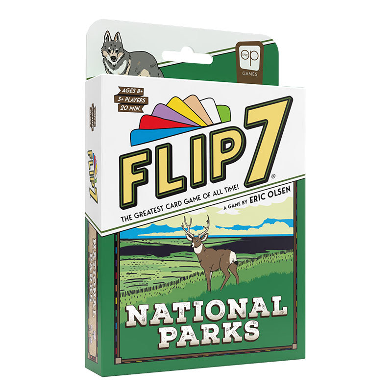 Flip 7 National Parks card game box shown on a plain white background. The packaging features a white top section with a gray wolf illustration and large yellow 'FLIP 7' lettering, plus a green lower section with a pronghorn in a landscape and the words 'NATIONAL PARKS'.