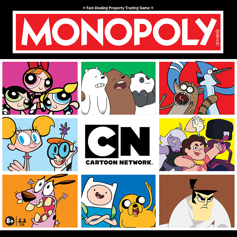Monopoly Fast-Dealing Property Trading Game box cover featuring Cartoon Network branding and multiple colorful cartoon character illustrations.
