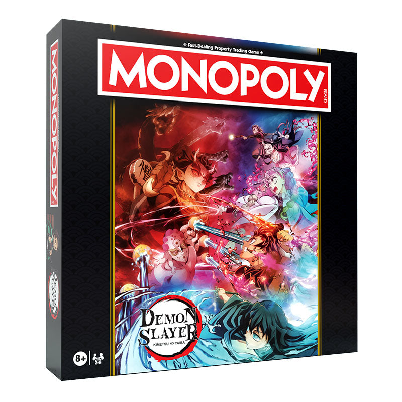Monopoly: Demon Slayer monopoly game box, featuring the iconic red and white Monopoly logo on a black background with vibrant anime artwork from Demon Slayer.