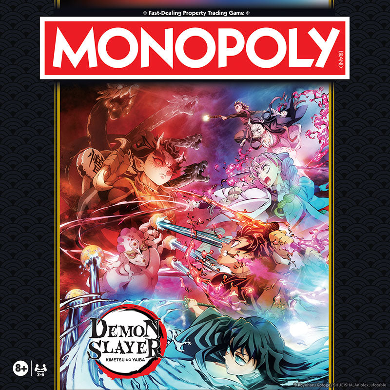 Monopoly: Demon Slayer themed property trading game box art, featuring the red and white Monopoly logo at the top and an illustrated anime battle scene with multiple characters in pink, blue, and red tones. The Demon Slayer title appears at the bottom.