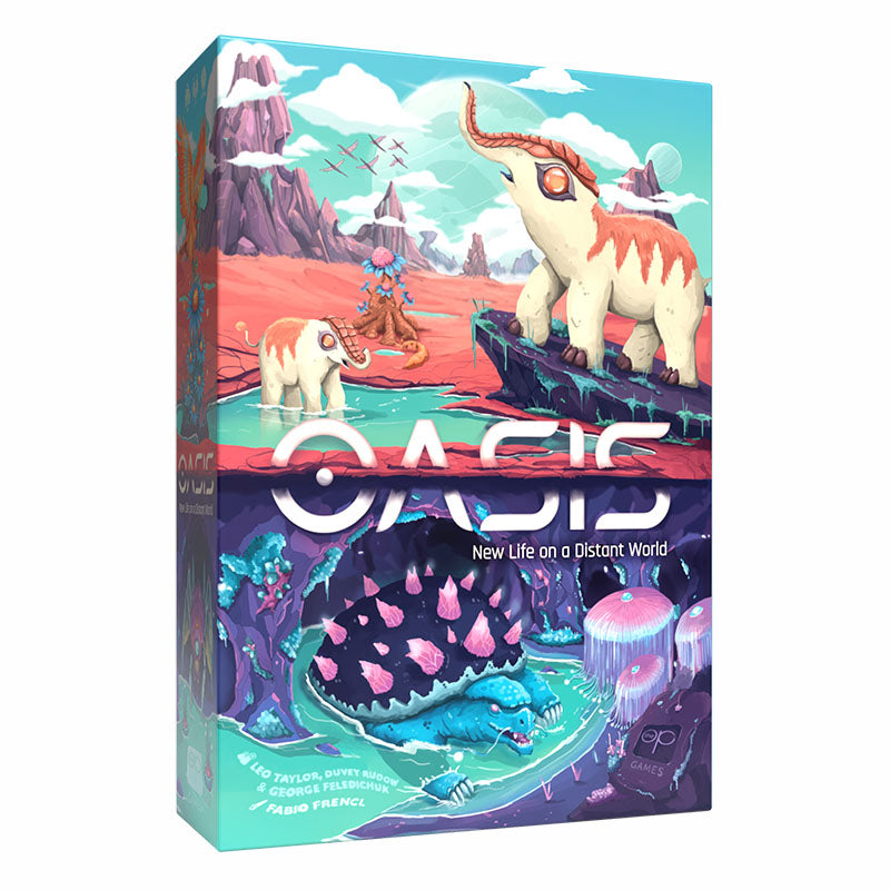 OASIS New Life on a Divergent World board game box. The packaging shows the OASIS logo, colorful game board including animals and planets on a light blue background.
