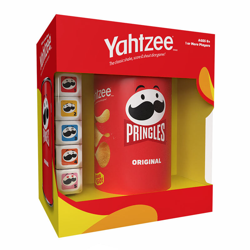 USAopoly Pringles Yahtzee edition in a red and yellow box, featuring a red Pringles can with the Pringles logo and five dice inside a branded box.