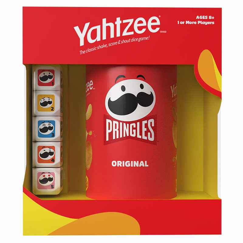 Pringles Yahtzee game set in its retail packaging, featuring a red cylindrical Pringles can and five small dice inside a red and yellow box.
