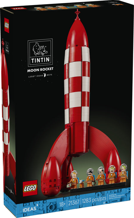 LEGO Tintin Moon Rocket set packaging with red and white rocket design. 21367