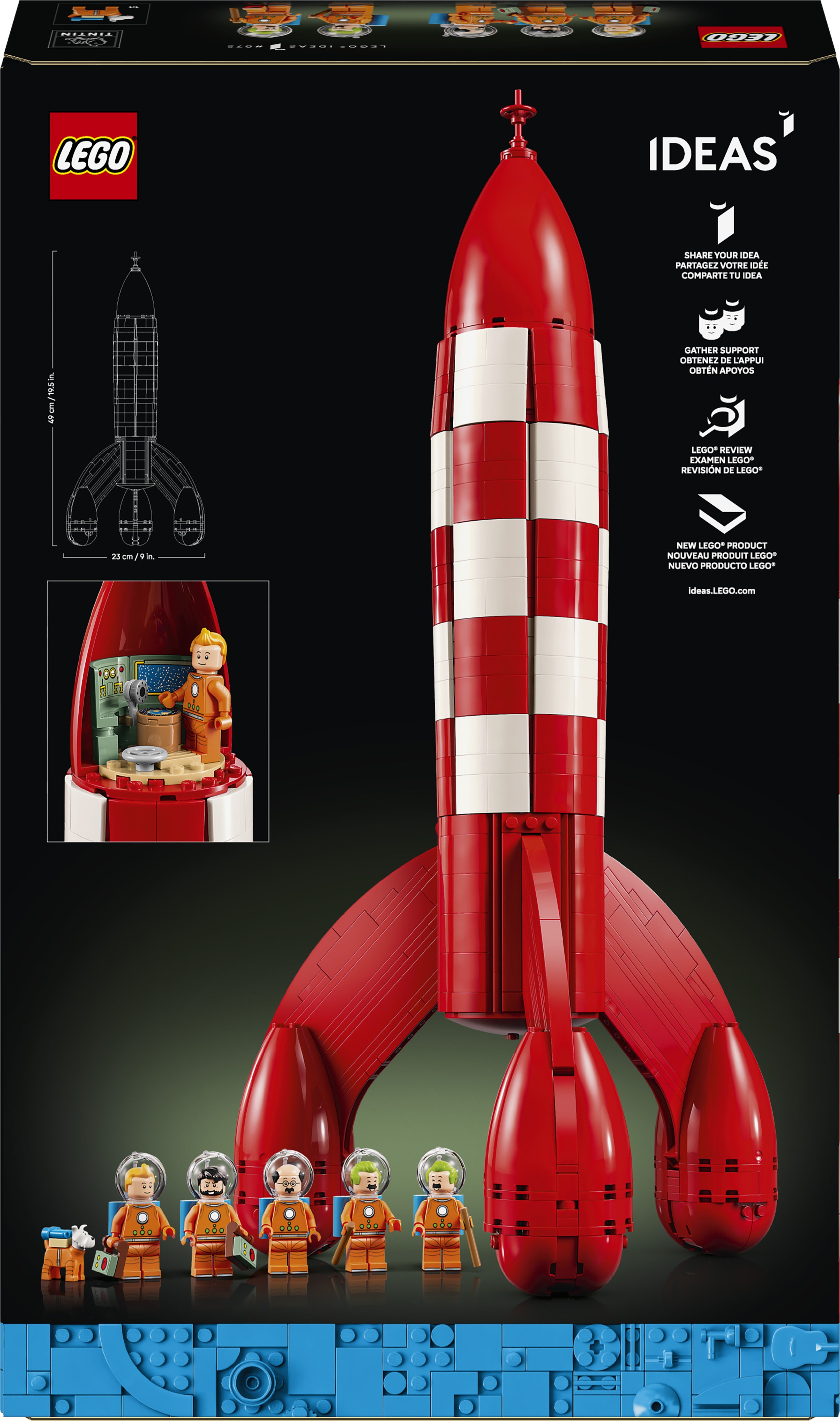LEGO Ideas red and white rocket set packaging with figures on a black background 21637