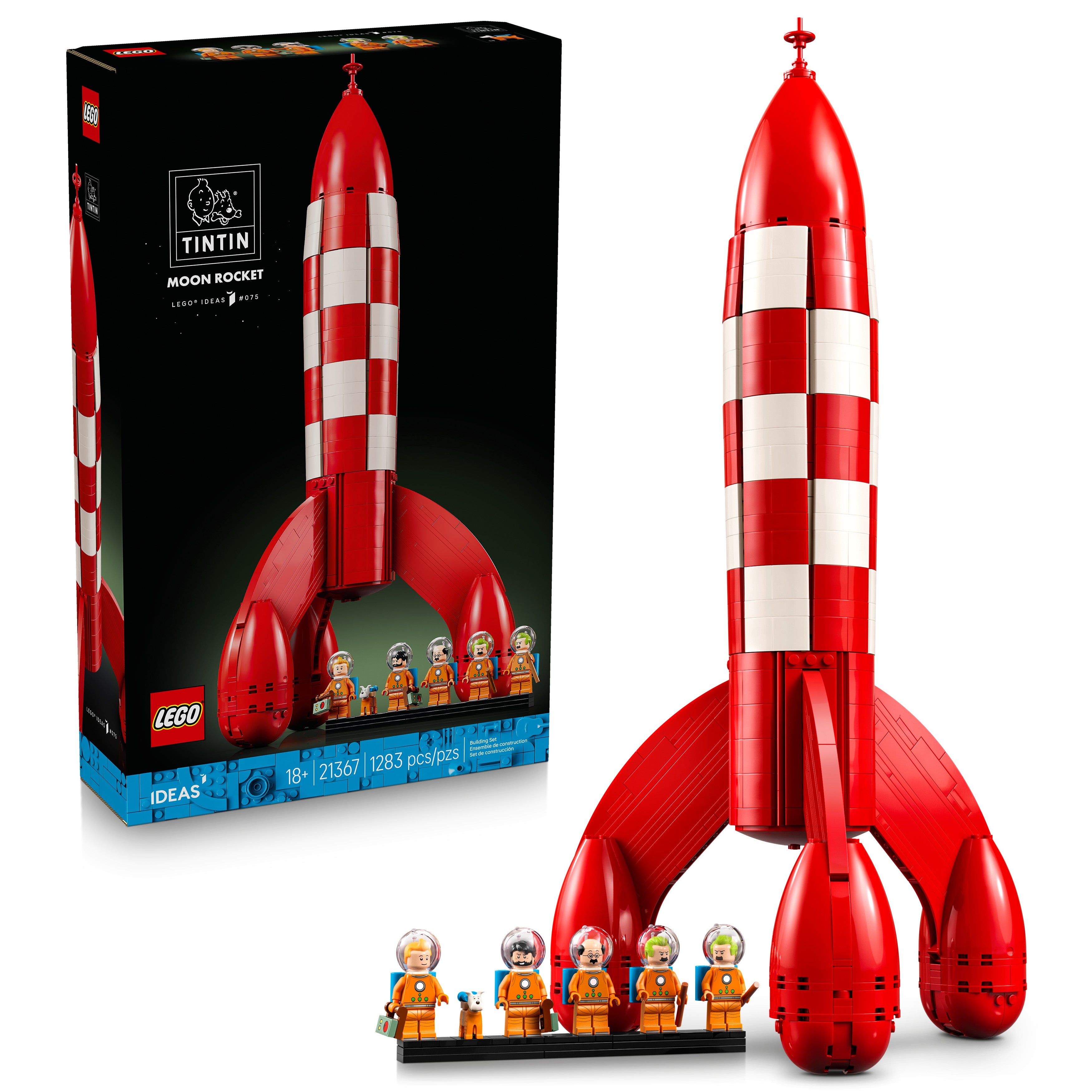 Red and white rocket model with LEGO packaging and figures on a white background 21367