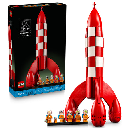 Red and white rocket model with LEGO packaging and figures on a white background 21367