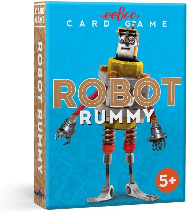 The box of 'Robot Rummy' card game by eeboo, featuring a bright blue cover with a cartoon robot and a brown spine.