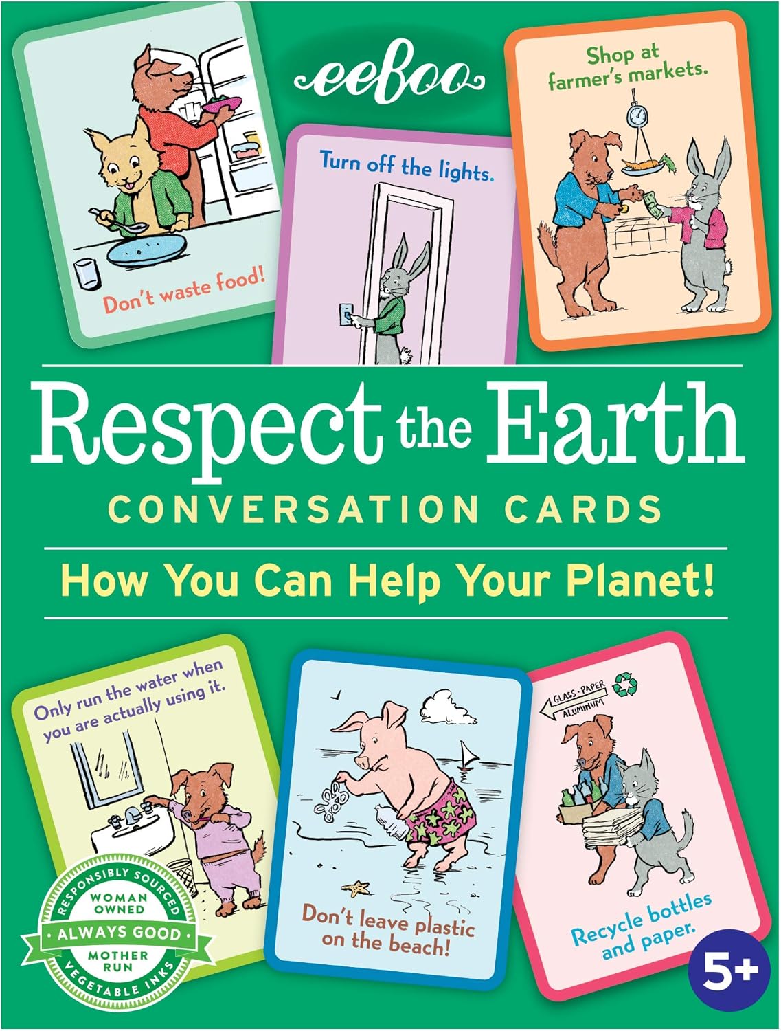 Front cover of the 'Respect the Earth' conversation cards by eeboo, featuring a bright green background with five colorful cartoon cards about environmental topics and bold white title text.
