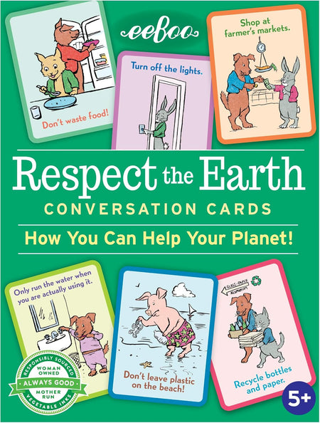 Front cover of the 'Respect the Earth' conversation cards by eeboo, featuring a bright green background with five colorful cartoon cards about environmental topics and bold white title text.
