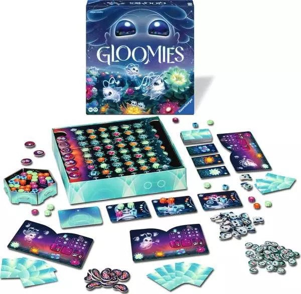 ravensburger Gloomies board game components including the box, cards, and pieces on a white background