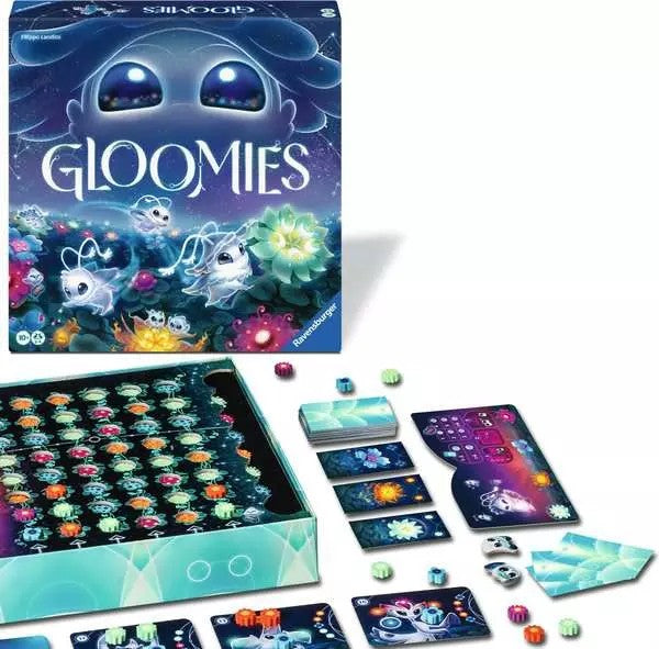 ravensburger Gloomies board game set with colorful components and packaging on a white background
