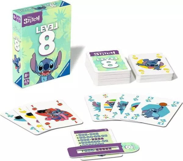 ravensburger disney Stitch-themed card game with cards and level 8 packaging on a white background