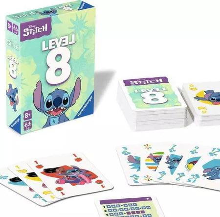 ravensburger Disney Stitch card game with cards and level 8 packaging on a white background
