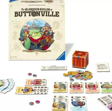 ravensburger Board game set with 'The Glorious Guilds of Buttonville' box and components on a white background