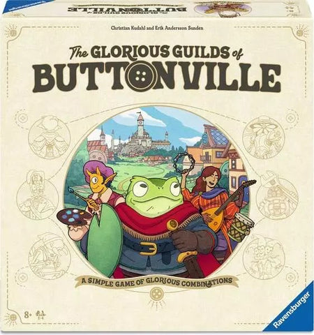 Board game box for 'The Glorious Guilds of Buttonville' by Ravensburger with cartoon characters and cityscape illustration.