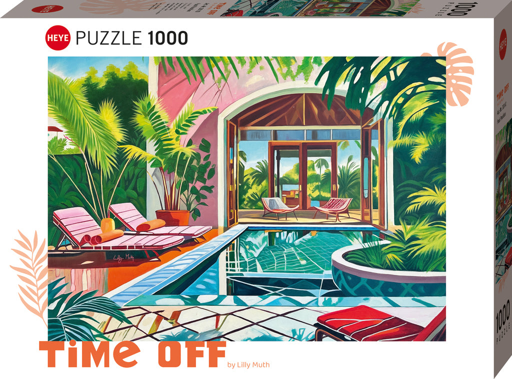 heye jigsaw 1000-piece Puzzle box with a tropical pool scene and 'Time Off' text