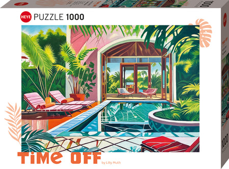 heye jigsaw 1000-piece Puzzle box with a tropical pool scene and 'Time Off' text
