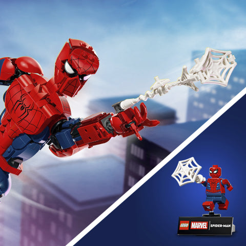 LEGO Spider-Man figure in action with a cityscape background